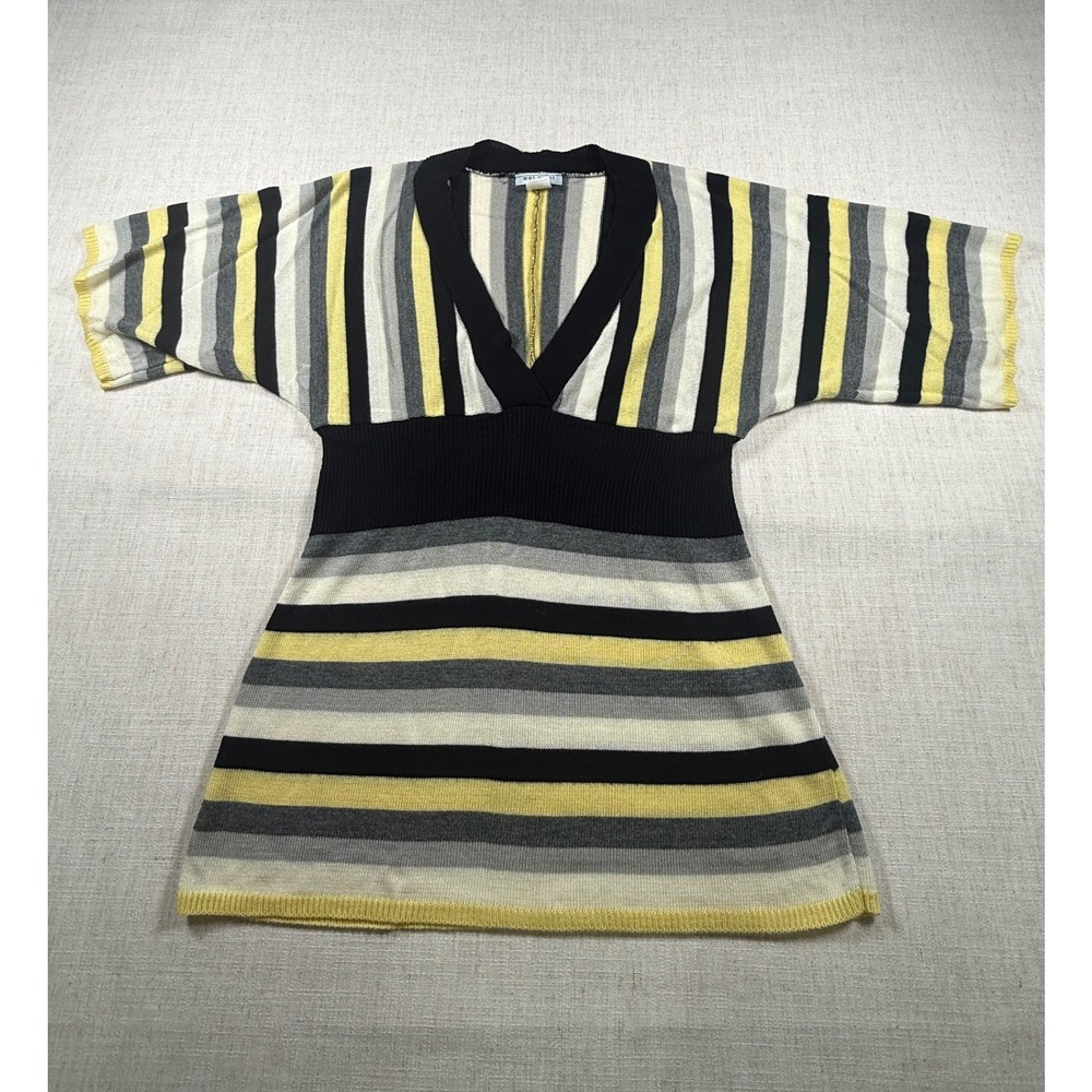 Wet Paint Striped Knit Tunic Top V-Neck Short Sleeve Yellow Grey Black Medium